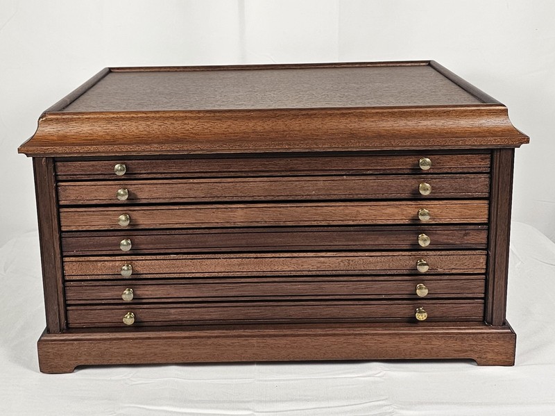 Mahogany Wood 6 Drawer COIN COLLECTOR CHEST ~ Shaped Velvet Lined w Brass Knobs