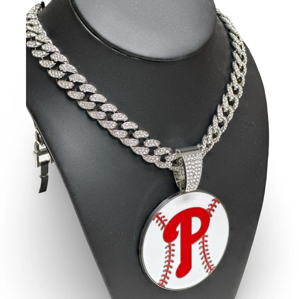 Philadelphia Phillies Fan Chain Necklace Gold or Silver 24" Iced Cuban Pendant - Image 4 of 4