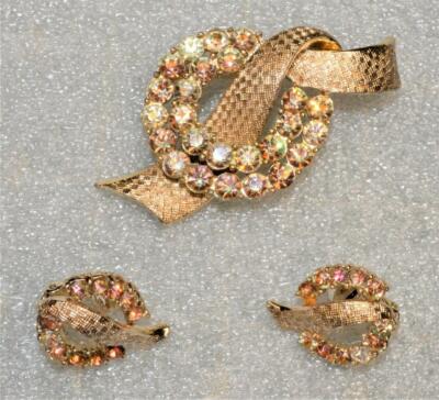 Vtg Signiert CORO Goldton AB Champagner-Strass Set Brosche & Clip-On Ohrringe