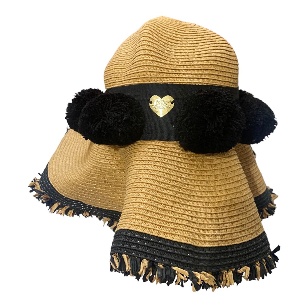 Betsey Johnson Pom Pom Floppy Straw Beach Hat Goldtone Heart Fringe One Size