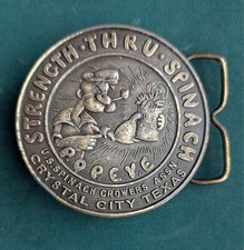 1970s Bergamot Brass Works Buckle POPEYE "STRENGTH THRU SPINACH" Crystal City TX