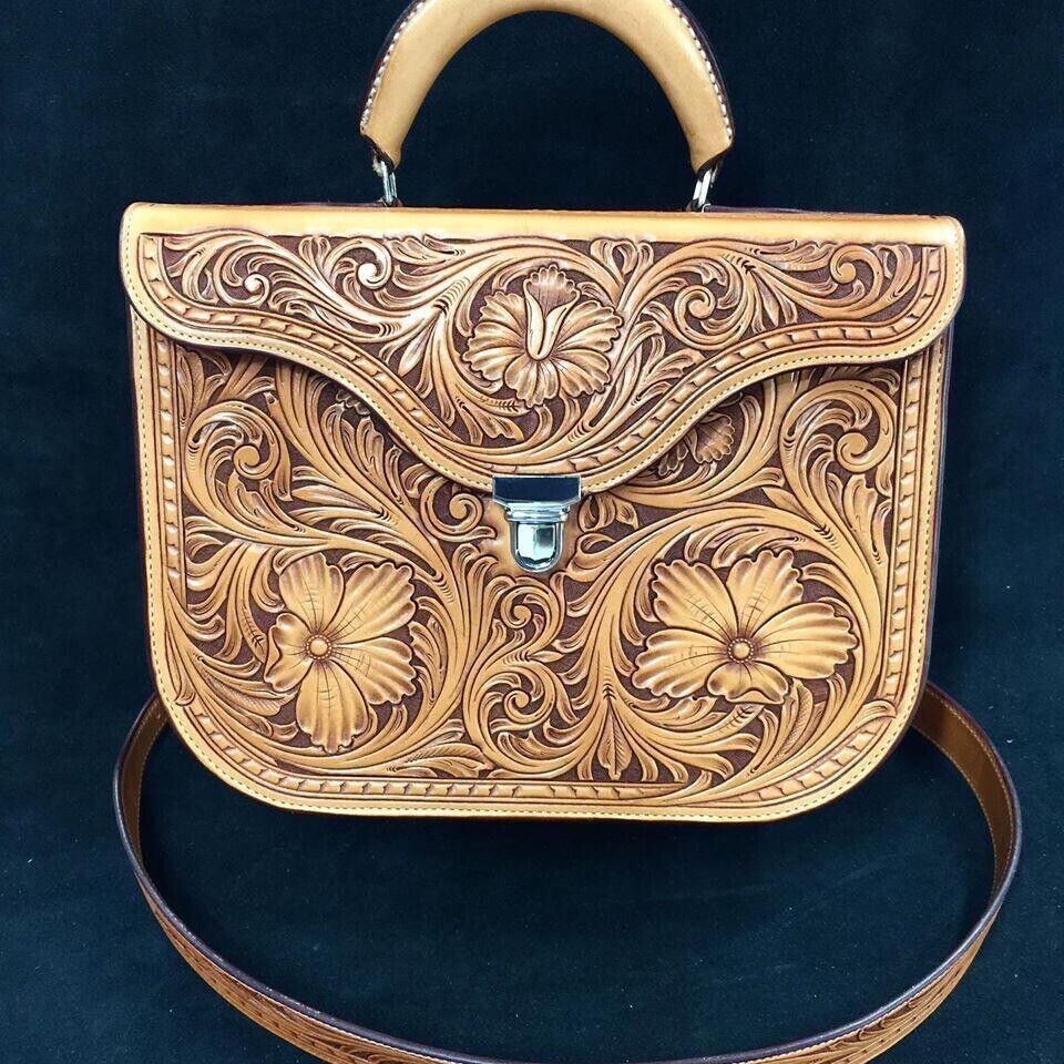 Western Natural Leather Hand Carved Portfolio Bag 12” X 10” X 5”