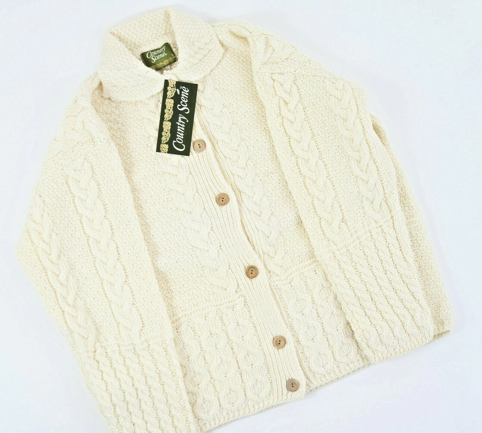 Soft 100% British Wool Ladies Aran Style Collared Cardigan Chunky Cable Knit