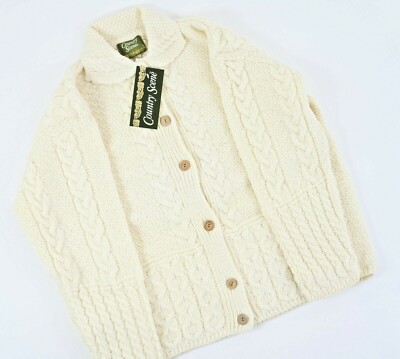 Soft 100% British Wool Ladies Aran Style Collared Cardigan Chunky Cable  Knit UK