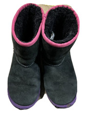 Ugg Australia Boots Girls Size 2 Leather Sheepskin Short Black Pink Purple READ