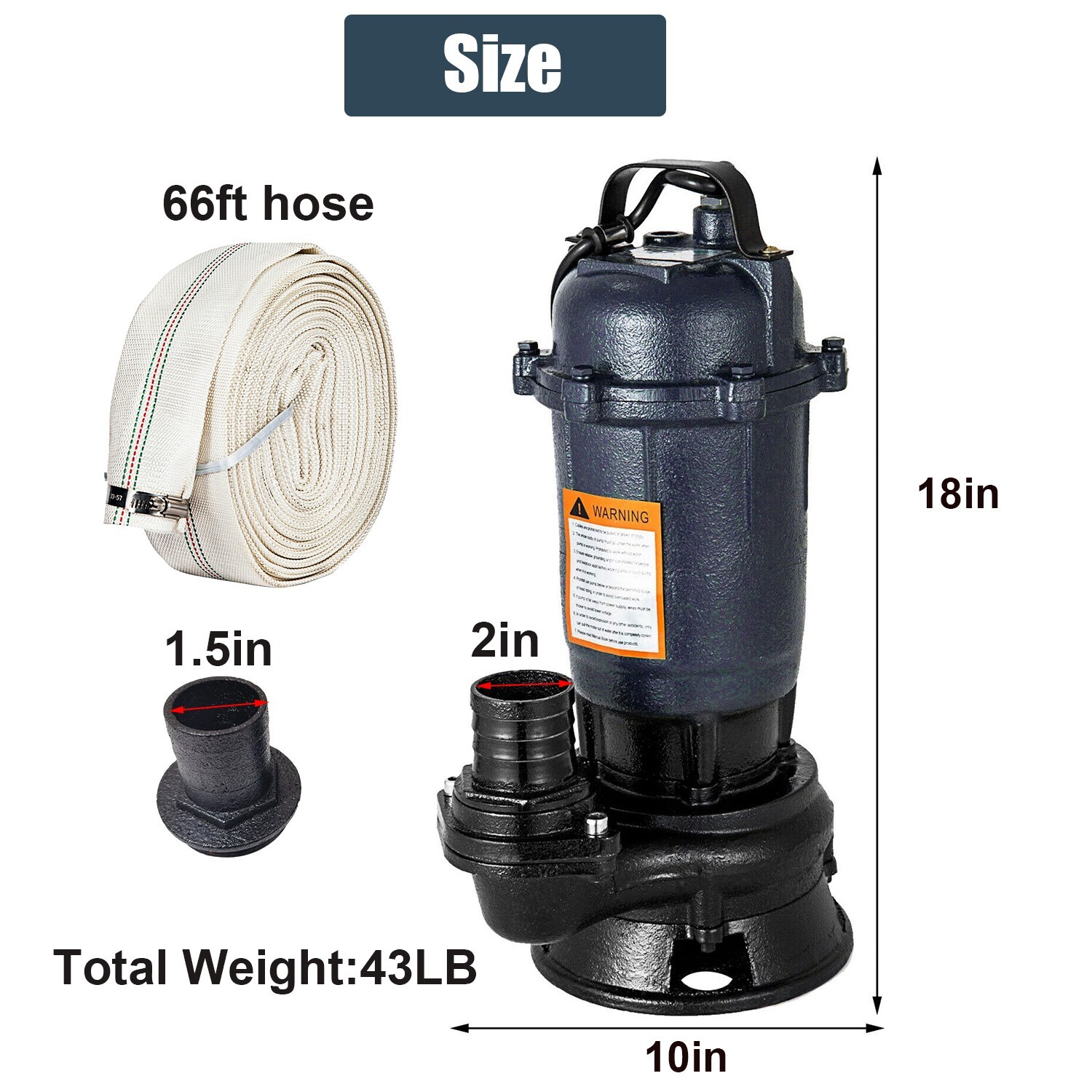 2HP Submersible Sump Pump 1500W Cast Iron Sewage Pump 6498GPH w/66ft