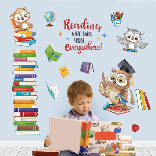 Reading Corner Wall Stickers Owl Books Inspirational Educational Quote Peel and - 第 1/5 張圖片