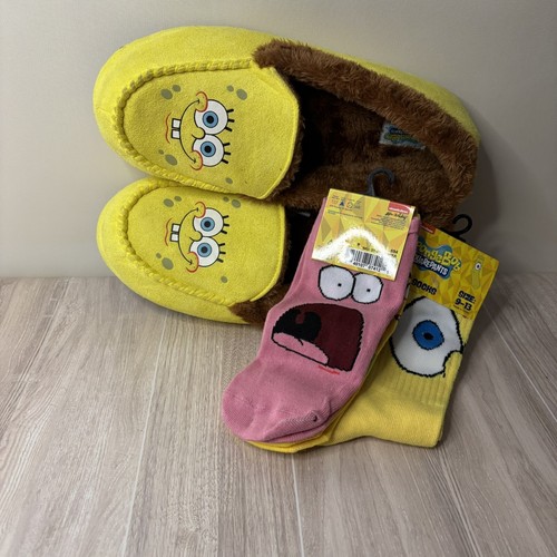 SpongeBob SquarePants Slippers Smiling Face Large Slippers Moccasin FREE SOCKS - Picture 4 of 12