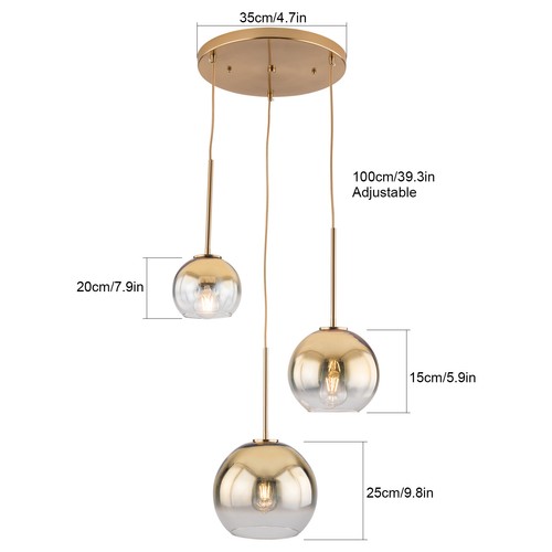 Modern 3-Head Gold Globe LED Pendant Lamp Lighting Fixture Length Adjustable - Picture 7 of 20