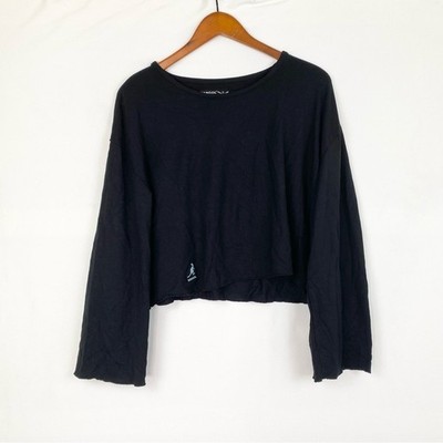 Kangol Embroidered Long Sleeve Black Crop Top Size XL Stretchy Casual Rekaxed