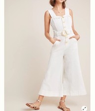 Anthropologie Cape Cod Linen Jumpsuit Romper Cream Button Wide Leg Crop Size 6