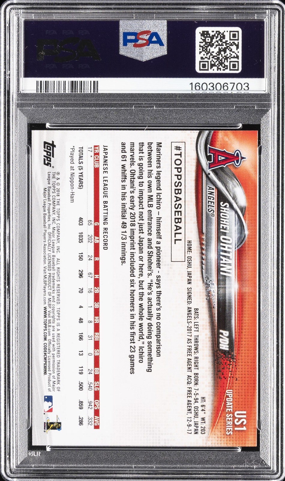 2018 TOPPS UPDATE #US1 SHOHEI OHTANI ROOKIE RC PSA 9 view 2