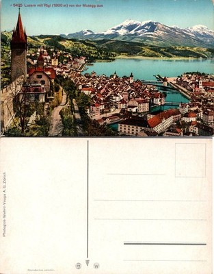 Luzern mit Rigi Switzerland Vintage Postcard Musegg View Scenic Color Unposted