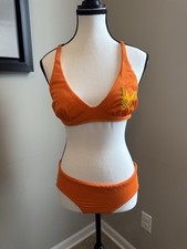 Vintage 90s Orange Textured Bikini Set Butterfly Embroidered Halter Swim Small