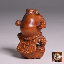 Japanese Wooden Sumo Wrestler Frog Netsuke 1.5inch Inro Ojime Figurine Marked