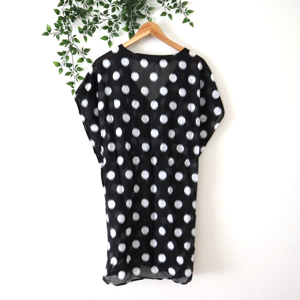 Talbots Black White Polka Dot Silk Blend Short Sleeve Tie Waist Cover Up Size M - Image 3 of 4
