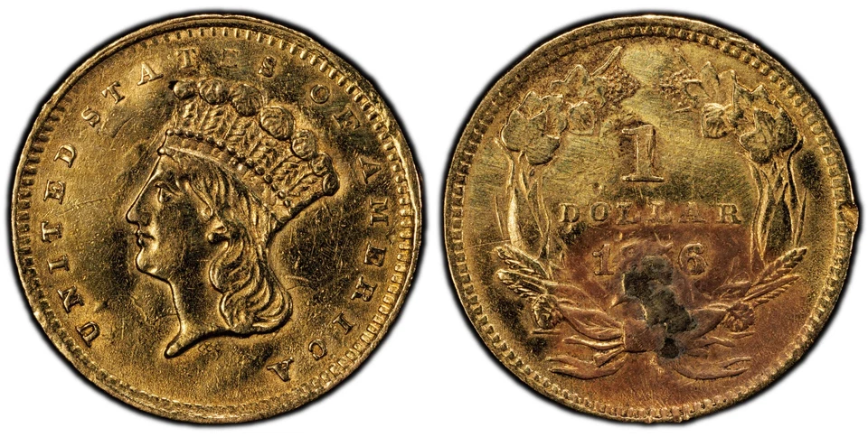 1856 $1 Oro Libertad Inclinado 5 Variedades PCGS Genuino AU Detalle T3 Princesa India Foto 4 de 4