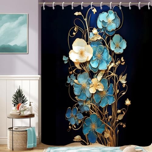 Floral Shower Curtain for Bathroom Teal Blue 72"W x 72"L (Pack of 1) Black - Picture 4 of 7