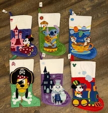 Disney Park Set 6 Mickey Minnie Hatbox Chip Dale Stitch Pluto Holiday Stockings
