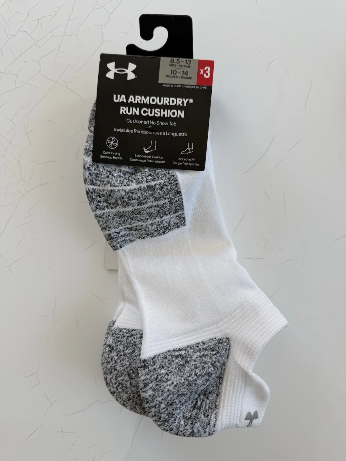 3 Pairs Under Armour UA ArmourDry Run Cushion NO SHOW TAB Socks WHITE M/W LARGE