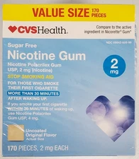 CVS Health Nicotine Gum 2mg 170ct Stop Smoking Aid Uncoated Exp 05/2028 🚭💙