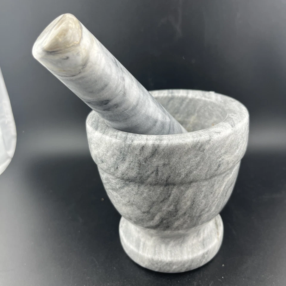 White Light Grey Marble Stone Mortar and Pestle 4”T 4”W Vintage - Image 4 of 4