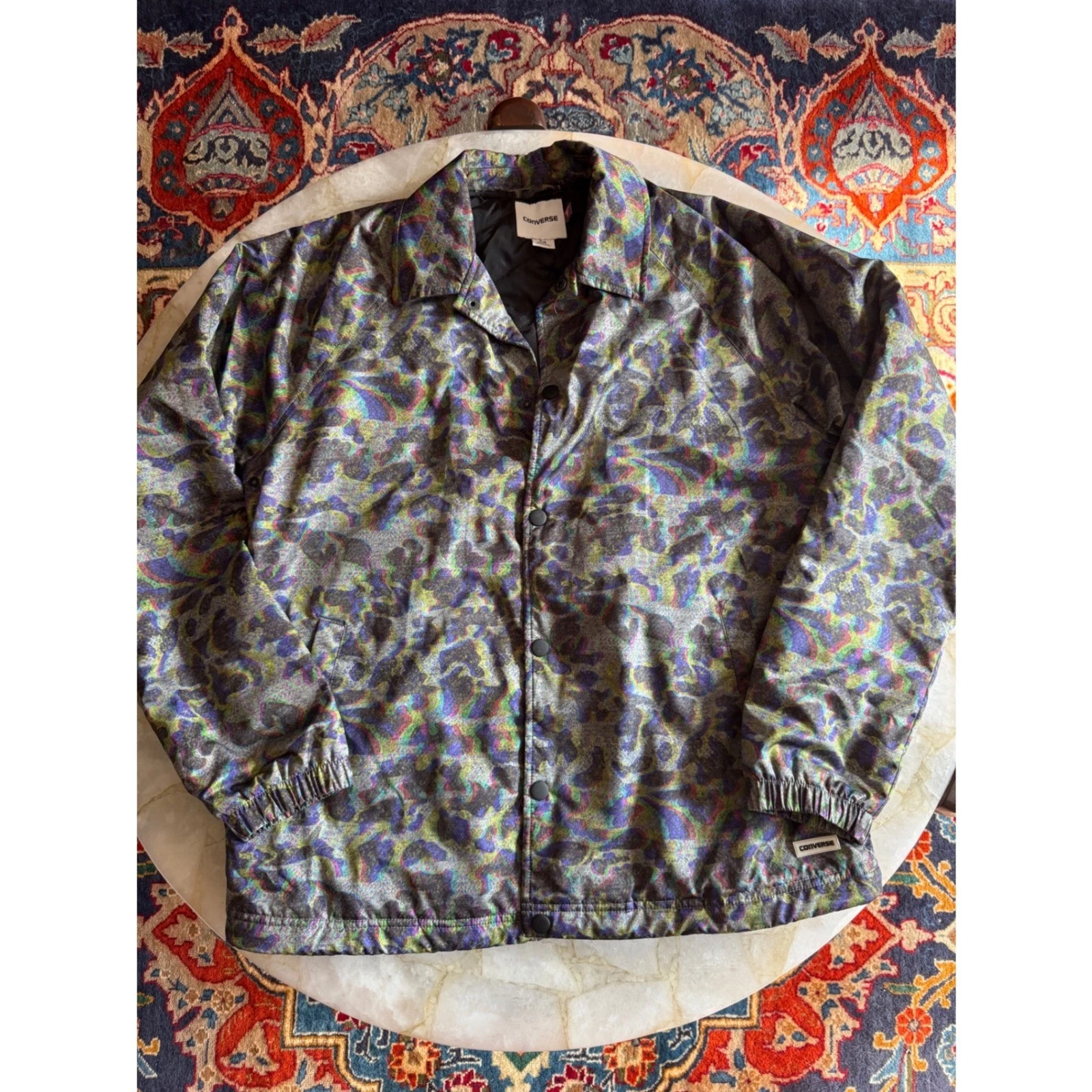 NWOT Converse Primaloft 3D Cheetah Pattern Coach Jacket Mens M Iridescent Snap - product detail image 1