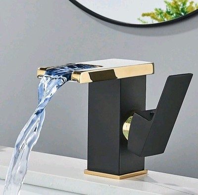 Waterfall Bathroom Sink Faucet LED Black Gold 1 Hole Vanity Mixer Tap