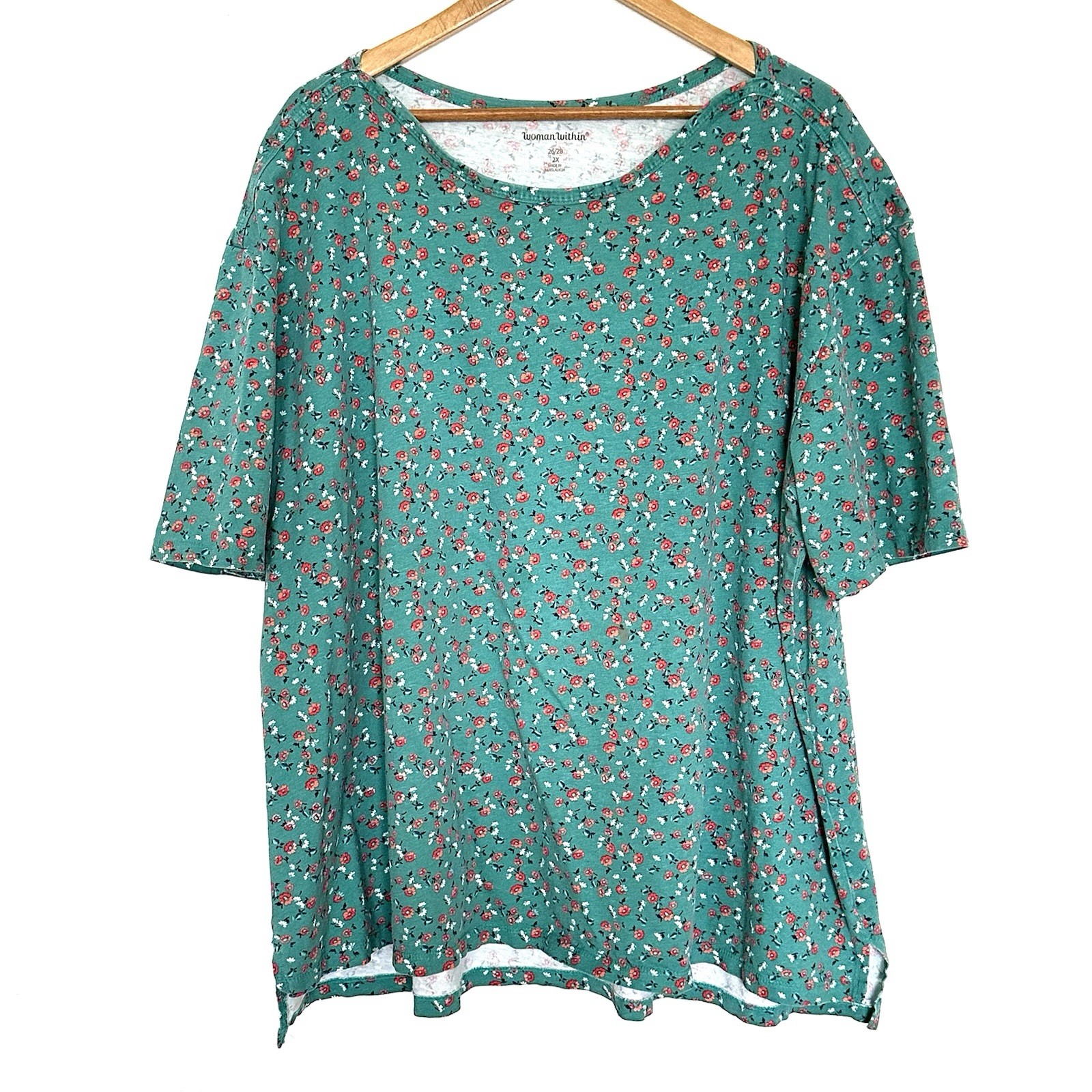 Woman Within Plus Shirt Women’s 2X Green Floral Cotton Short Sleeve Pullover Top