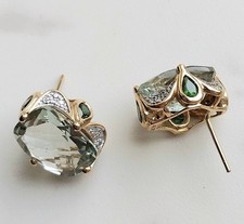 Designer ATR 10k Gold Prasiolite Green Amethyst Chrome Diopside Stud Earrings