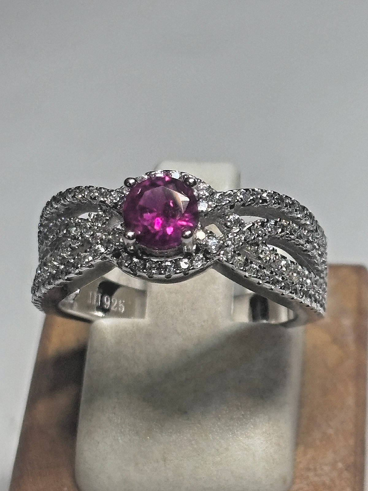 925 Silver Lab Created Ruby Center Stone & CZ Acc… - image 1