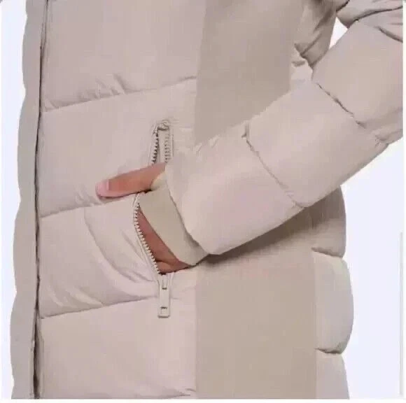 Casaco longo Andrew Marc mídia mista bufante com capuz bege M - Imagem 3 de 4