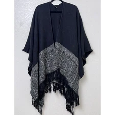 Cejon Womens Black Paisley Fringed Cape Shawl Poncho One Size Open Front