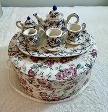 VTG Miniature Porcelain 10 pc. Tea Set/Tray With Rose Pattern Box. Thailand.