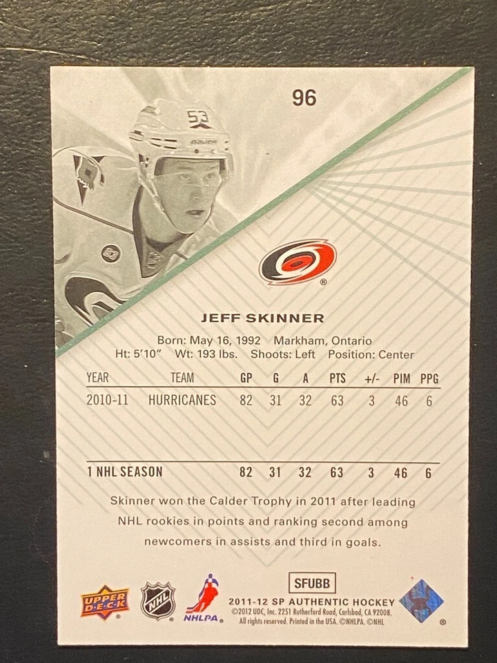 Jeff Skinner 2011-12 Upper Deck SP Authentic #96 Carolina Hurricanes - Image 2 of 2