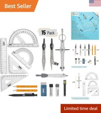 Geometry Set with 15 Pieces - Compasses, Divider, Ruler, Protractor More