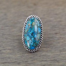 925 Sterling Silver Blue Copper Turquoise Oval 100 GENUINE Handmade Ring