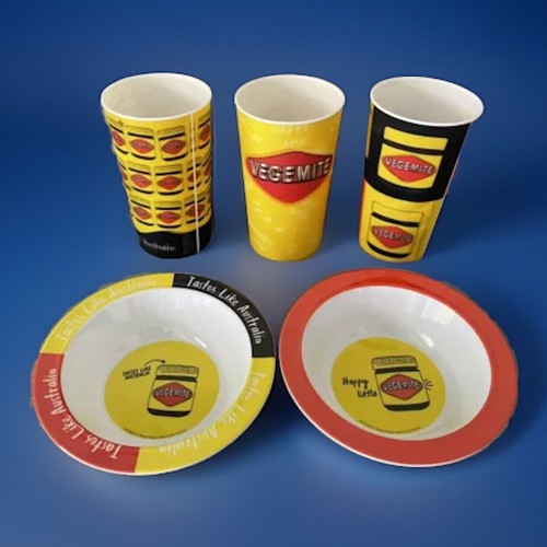 NEW Vegemite 2x Bowls + 3x Tumbler Cups Set Dishwasher Safe Australia Iconic