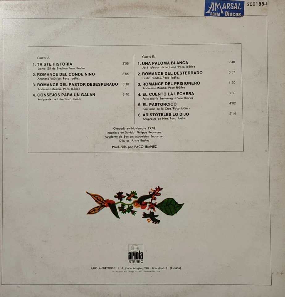 Paco Ibanez-A Flor De Tiempo Vinyl LP Album.1979 Ariola 200 188 1.El Pastorcico+ — 第 2/4 张图片