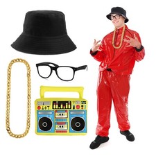 HIP HOP RAPPER ADULTS FANCY DRESS COSTUME RED TRACKSUIT GLASSES CHAIN HAT