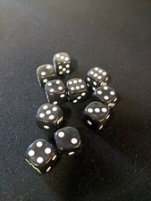 10 pack 16mm BLACK Dice -Opaque - White pip - Rounded Corners