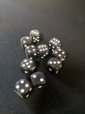 10 pack 16mm BLACK Dice -Opaque - White pip - Rounded Corners
