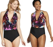 NEW One Piece Swimsuit Fun Vibrant Multicolor Padded Aqua Green Halter Swim Wear