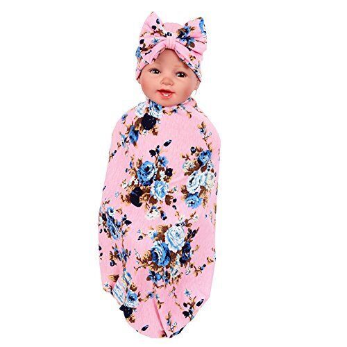 1 Pack BQUBO Newborn Floral Receiving Blankets 1 Pack Classic Pink With Hat - Picture 1 of 7