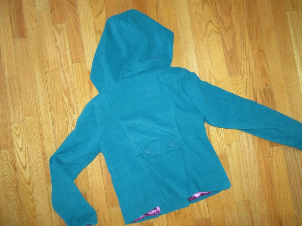 Jou Jou M Teal Slightly Fitted Button Removable Hooded Pea Coat NWT Nice! - Image 4 of 4