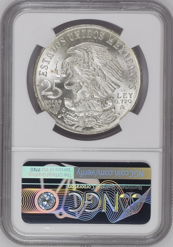 :1968 Mo S25-PESOS OLIMPIADAS DE LA CIUDAD DE MÉXICO NGC MS64 ANILLOS DESIGUALES LENGUA RECTA II Foto 2 de 2