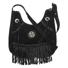Women Black Native American Western Crossbody Suede Leather Handbag Fringe Purse