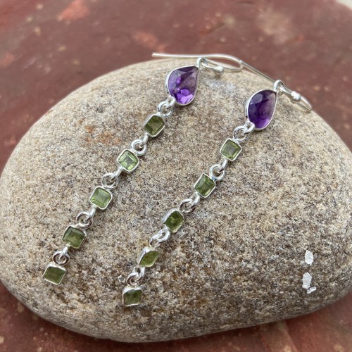 Beautiful Green Peridot Purple Amethyst 925 Sterling Silver Long Statement Ear - Picture 4 of 7