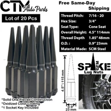 20Pc 4.5" TALL BLACK 7/16-20 3/4" HEX SPIKE LUG NUT+KEY FIT CLASSIC CHEVY MODELS