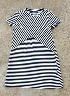 Womens Mango Casual Black White Stripes Dress Size Medium Short Sleeve